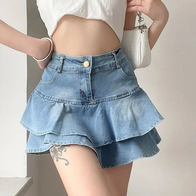 Kawaii Layered Denim Mini Skirt
