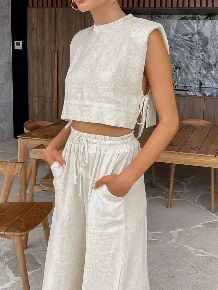 Linen Lace Up Crop Top Pants Two Piece Set Litlookz Studio