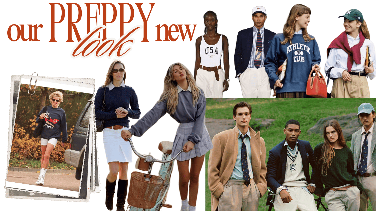 A collage showcasing the preppy fashion aesthetic, featuring classic elements like sweaters, pleated skirts, collared shirts, blazers, and varsity-inspired outfits.