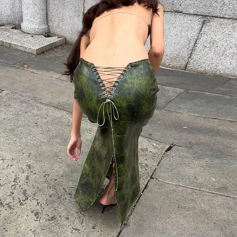 Baddie Leaf Lace Up Split Maxi Skirt