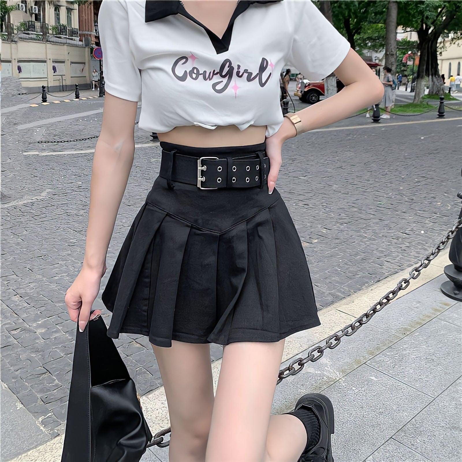 Belt Detail Pleated Mini Skirt Black S