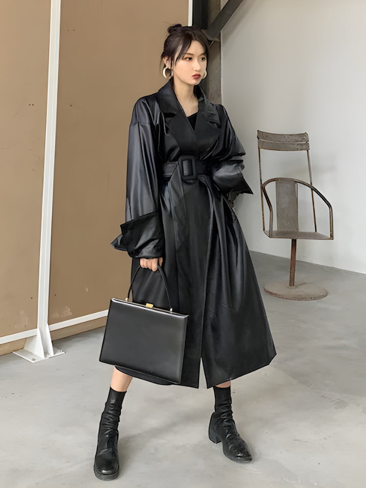 Belted Faux Leather Coat