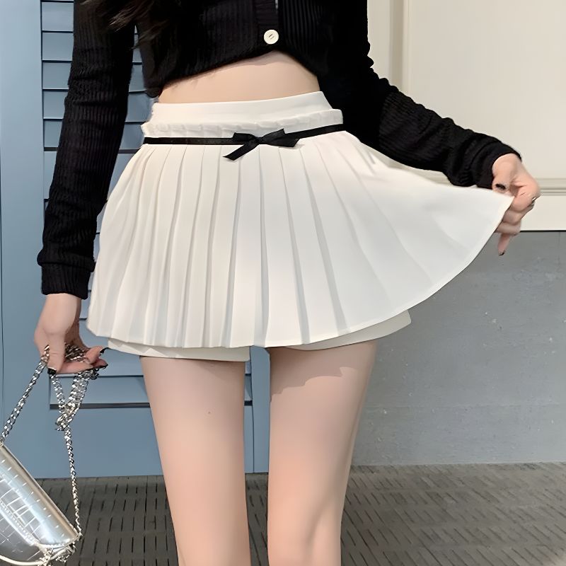 Bow Belt Pleated Mini Skort