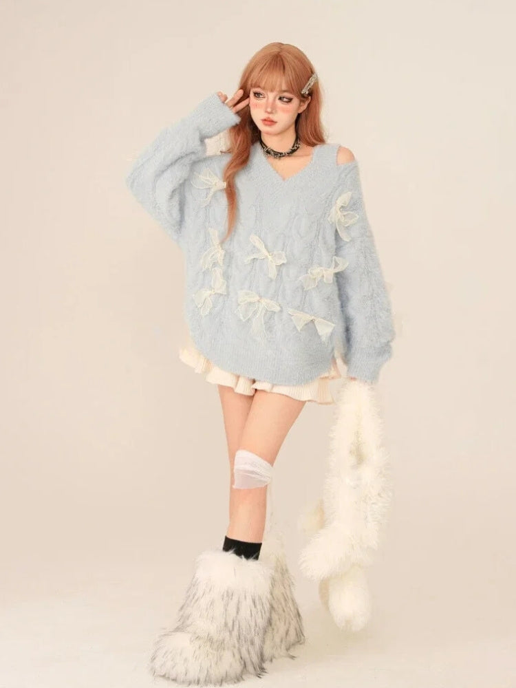 Bow Cut Out Fluffy Sweater