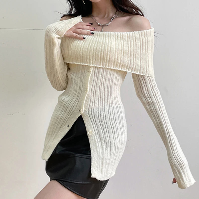 Button Up Off Shoulder Knitted Top