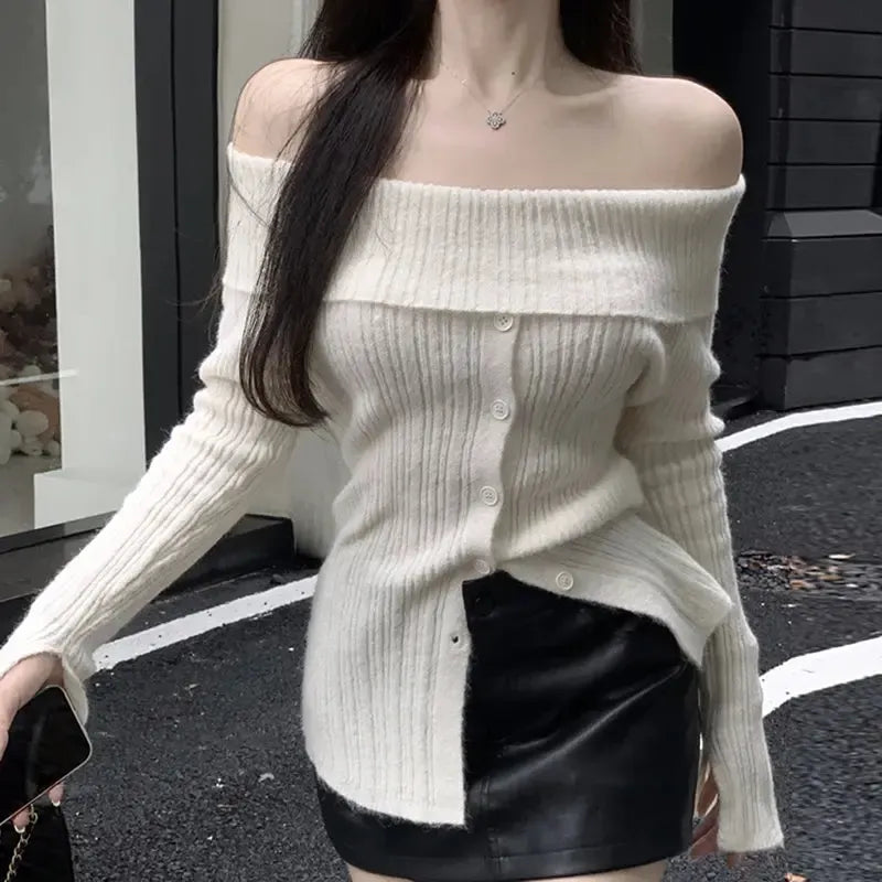 Button Up Off Shoulder Knitted Top