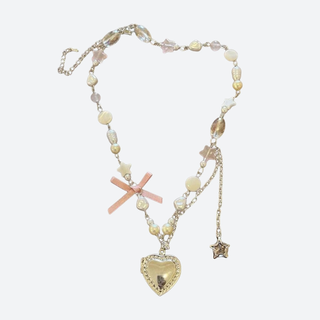 Coquette Heart Pearl Beaded Necklace