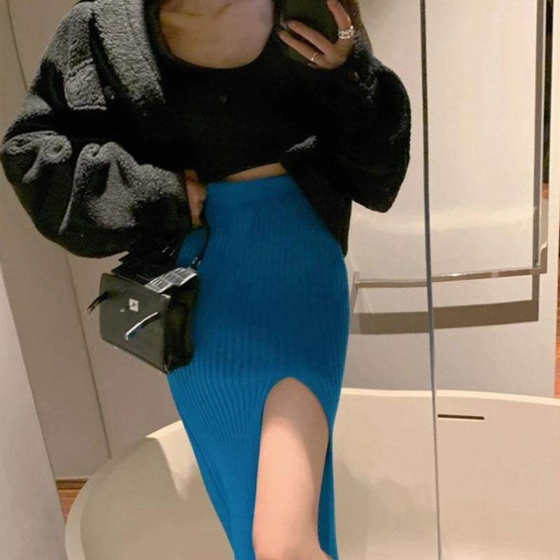 Corduroy Knitted Split Midi Skirt