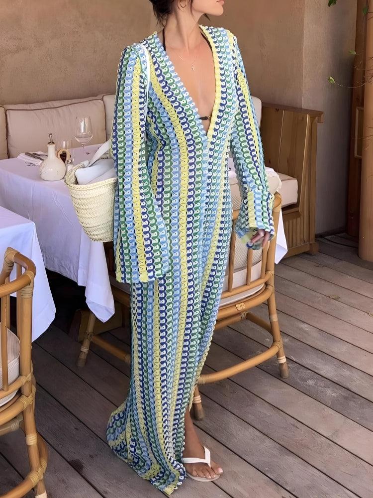 Crochet Striped Plunge Neck Maxi Dress