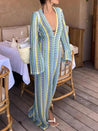 Crochet Striped Plunge Neck Maxi Dress