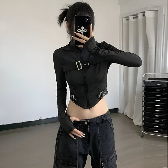 Cyberpunk Belted Zip-Up Crop Jacket - Litlookz Studio