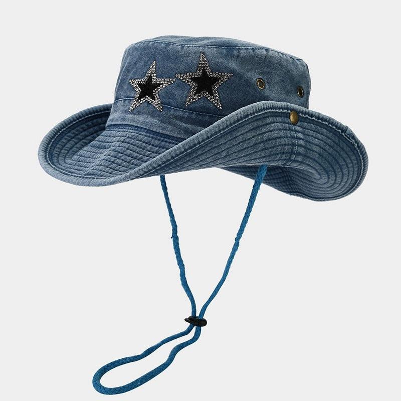 Denim-Mütze mit Disco-Cowgirl-Stern-Print in Blau