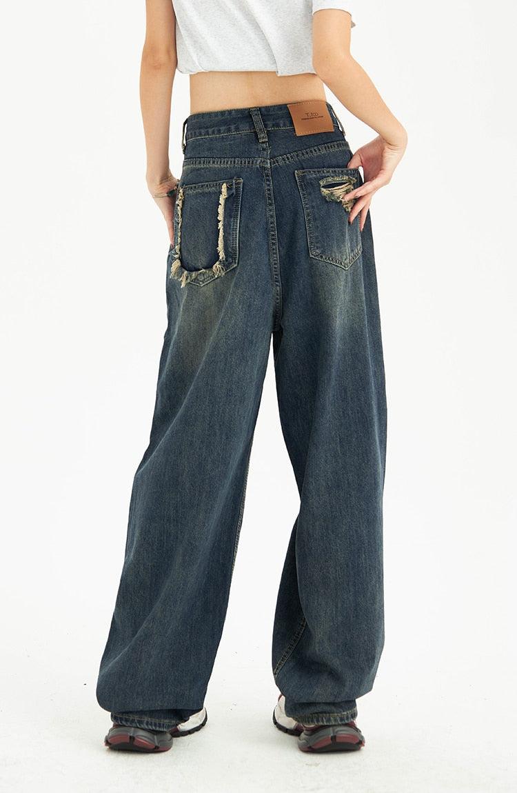 Distressed Pockets Wide Leg Baggy Jeans