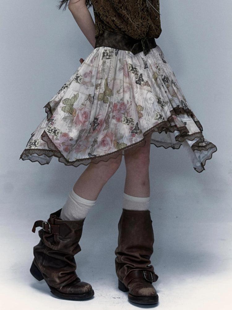 Fairy Grunge Floral Asymmetric Midi Skirt
