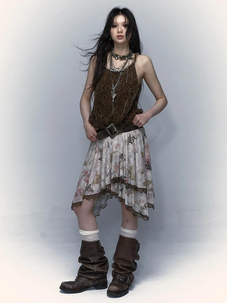 Fairy Grunge Floral Asymmetric Midi Skirt