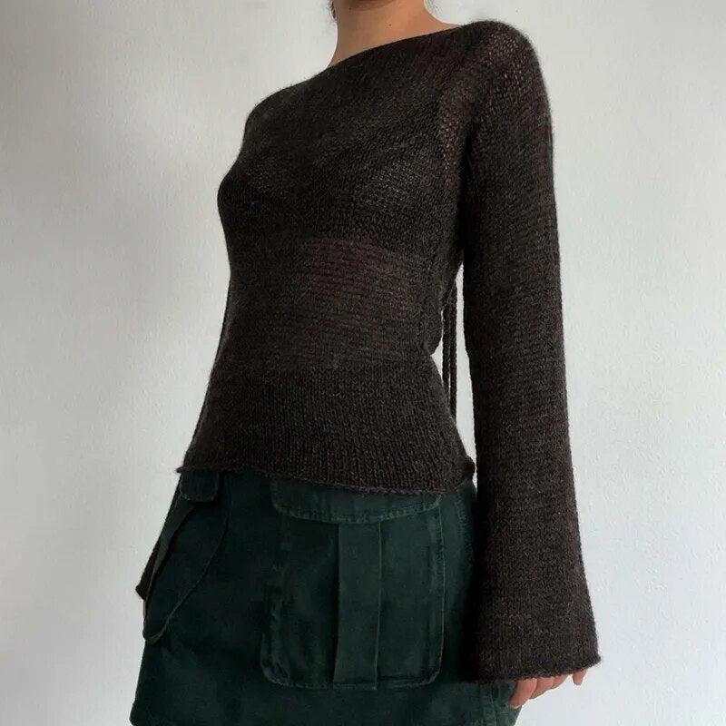 Khaki Open Knit Flare Sleeves Knitted Top