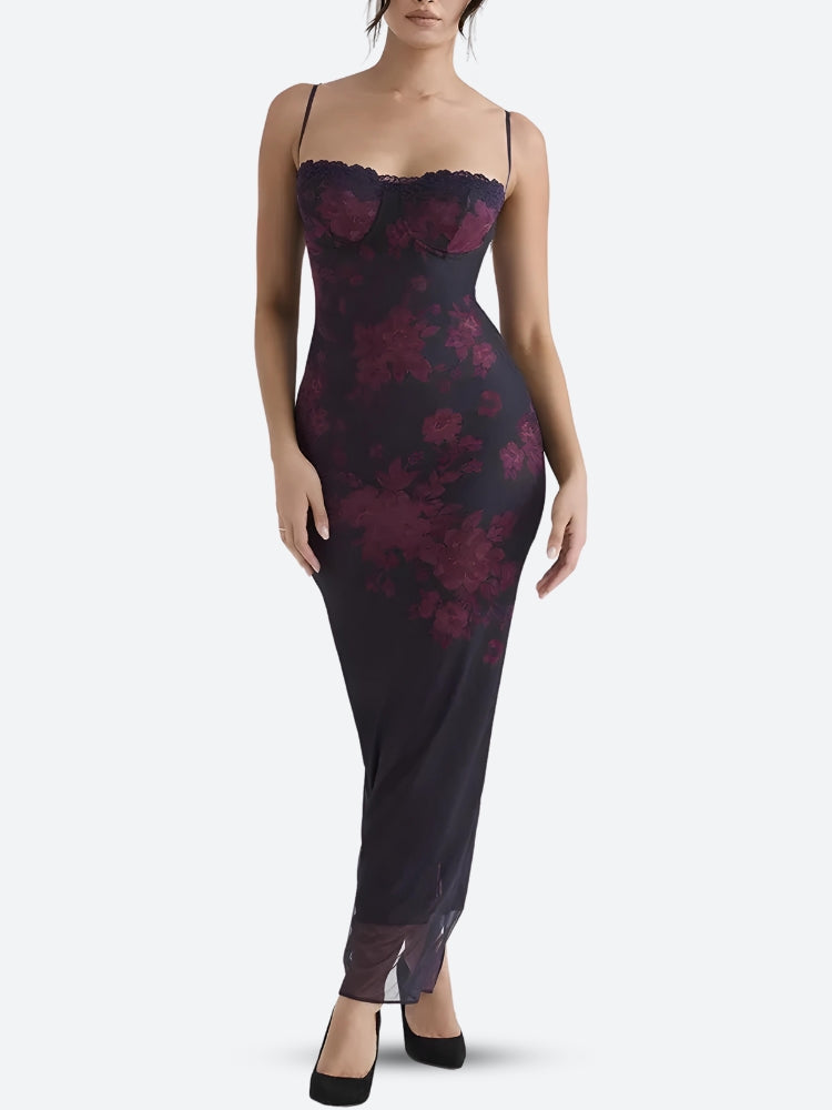 Floral Bodycon Lace Up Mesh Maxi Dress