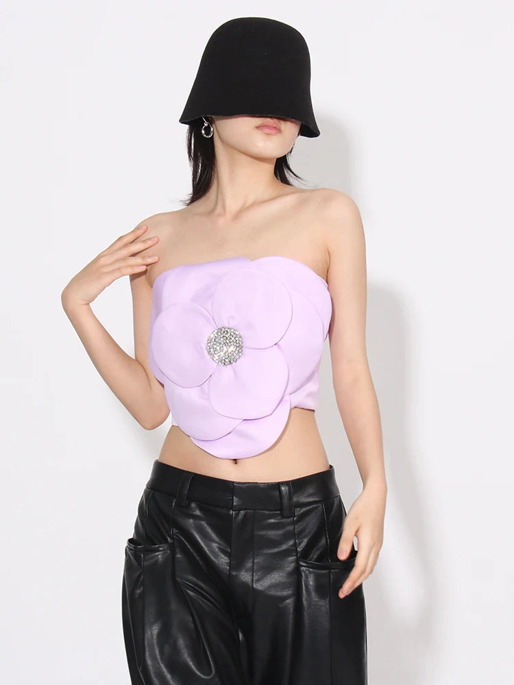 Flower Rhinestone Zip-Up Strapless Top