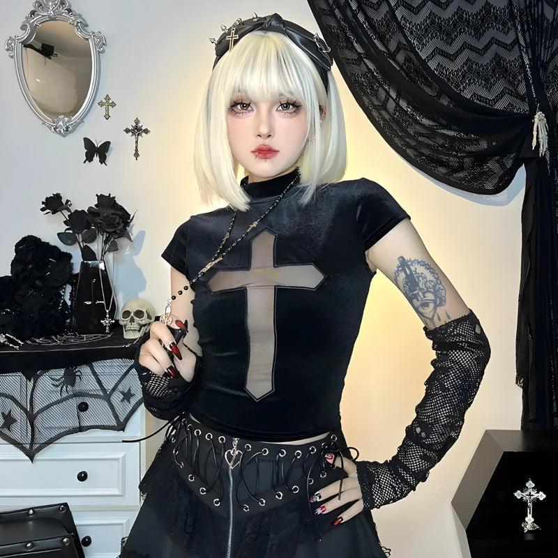 Goth Cross Cut Out Velvet Top