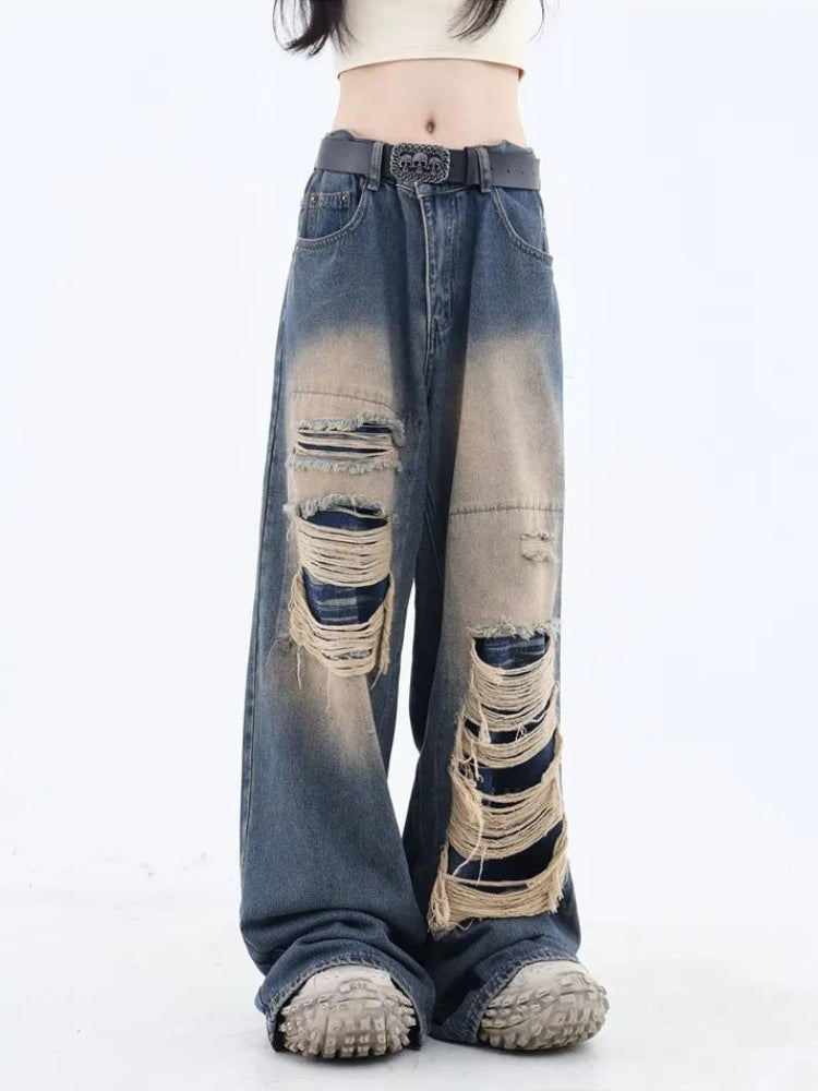 Grunge Dark Wash Distressed Jeans