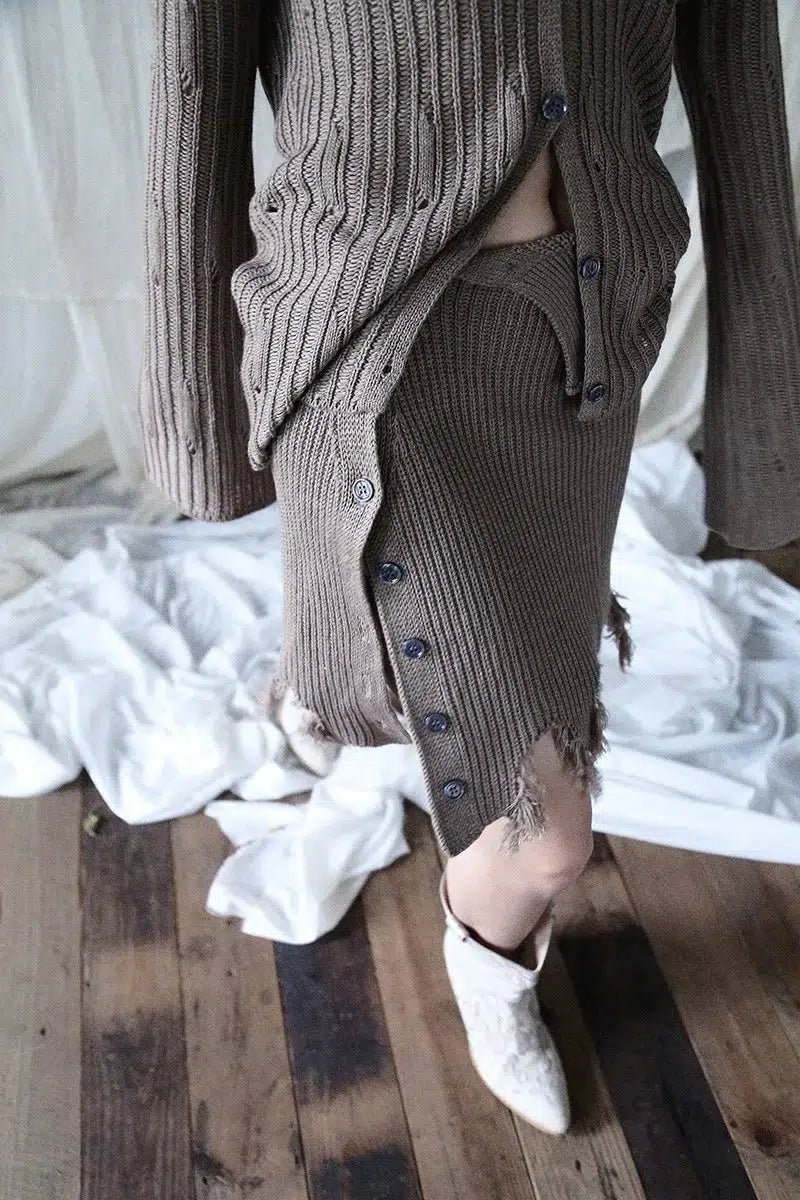 Grunge Distressed Cardigan & Mini Skirt Two Piece Set