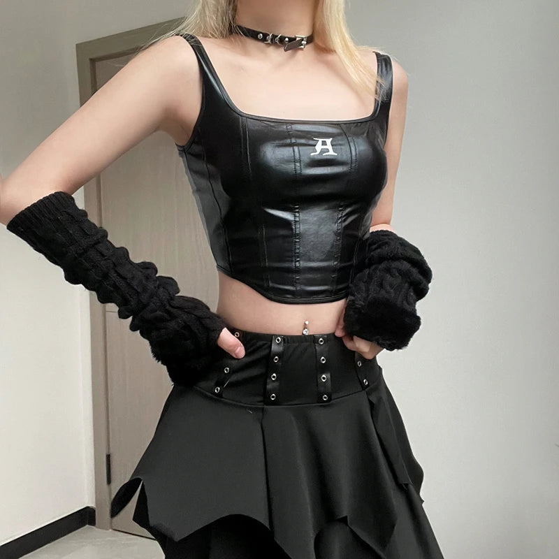 Grunge Faux Leather Crop Corset Top