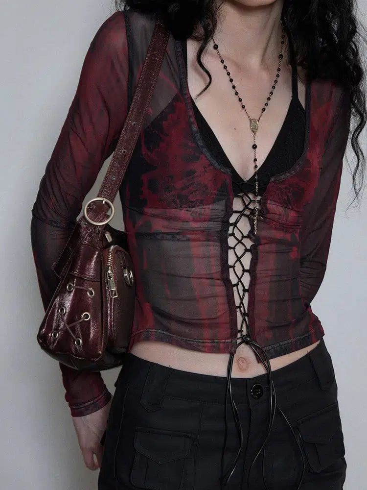 Grunge Lace Up Sheer Top