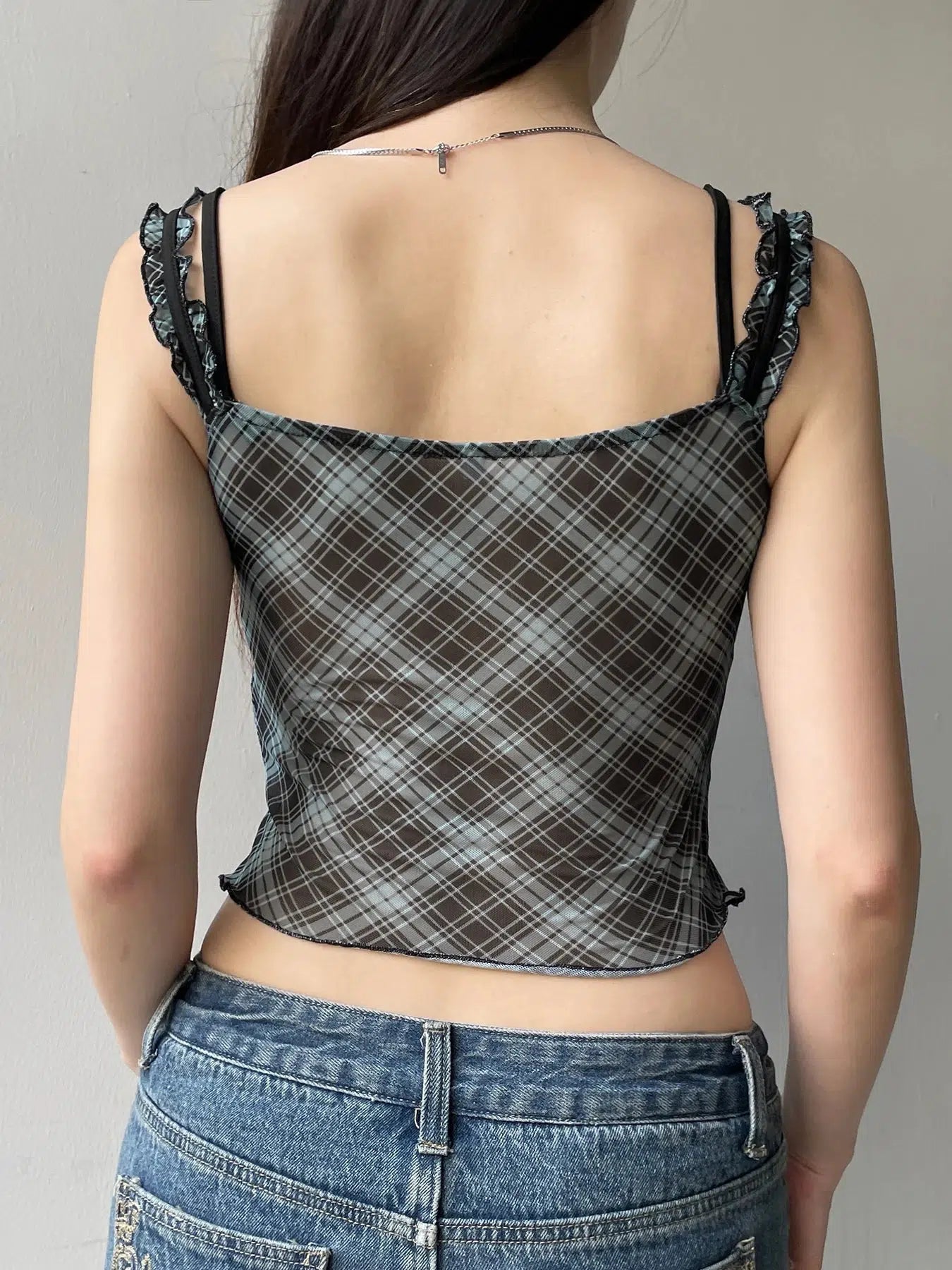 Grunge Plaid Lace Trim Top