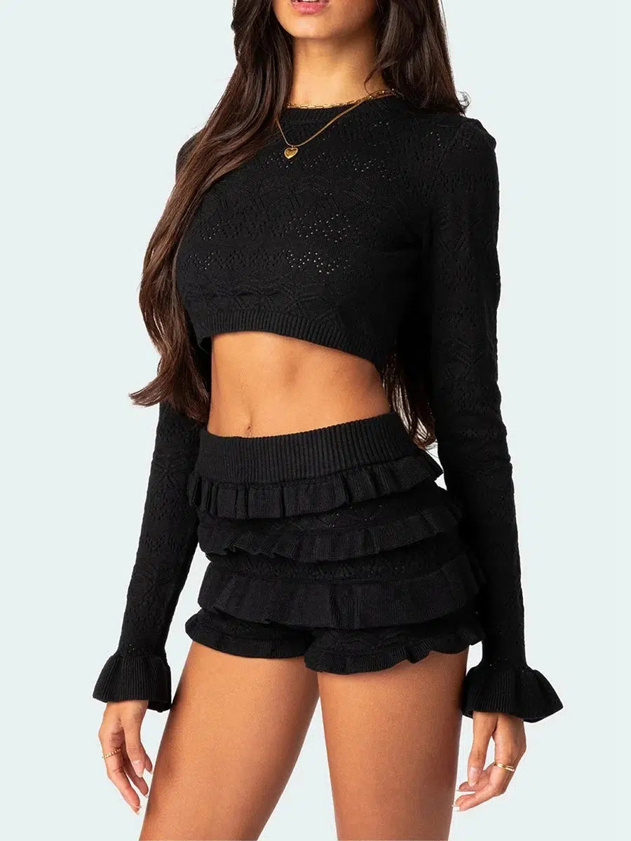 Knitted Crop Top & Ruffled Shorts Two Piece Set