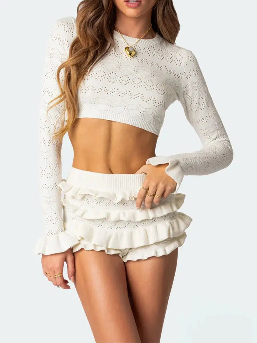 Knitted Crop Top & Ruffled Shorts Two Piece Set