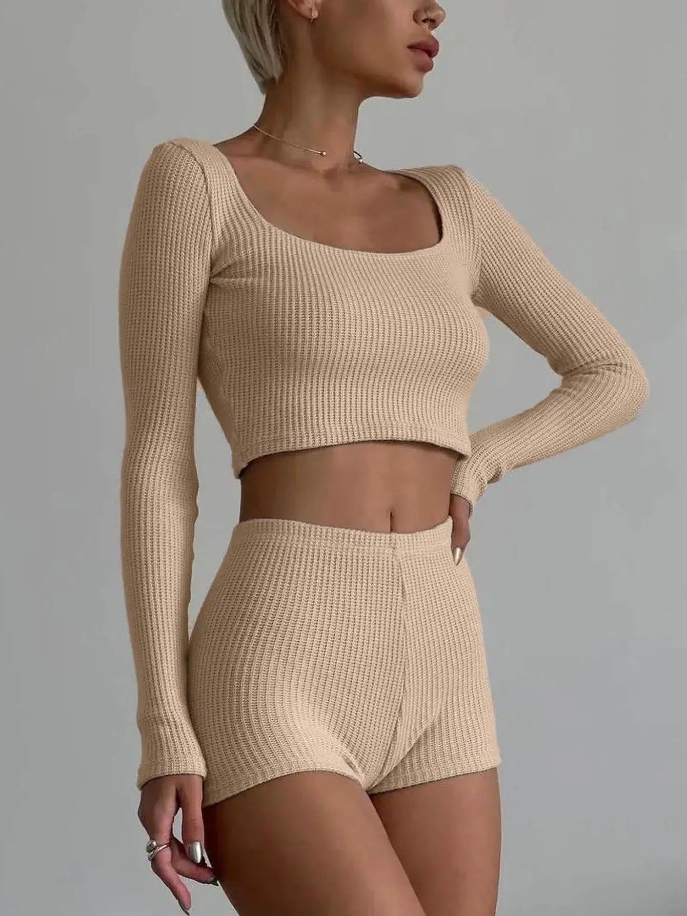 Knitted Crop Top & Shorts Two Piece Set