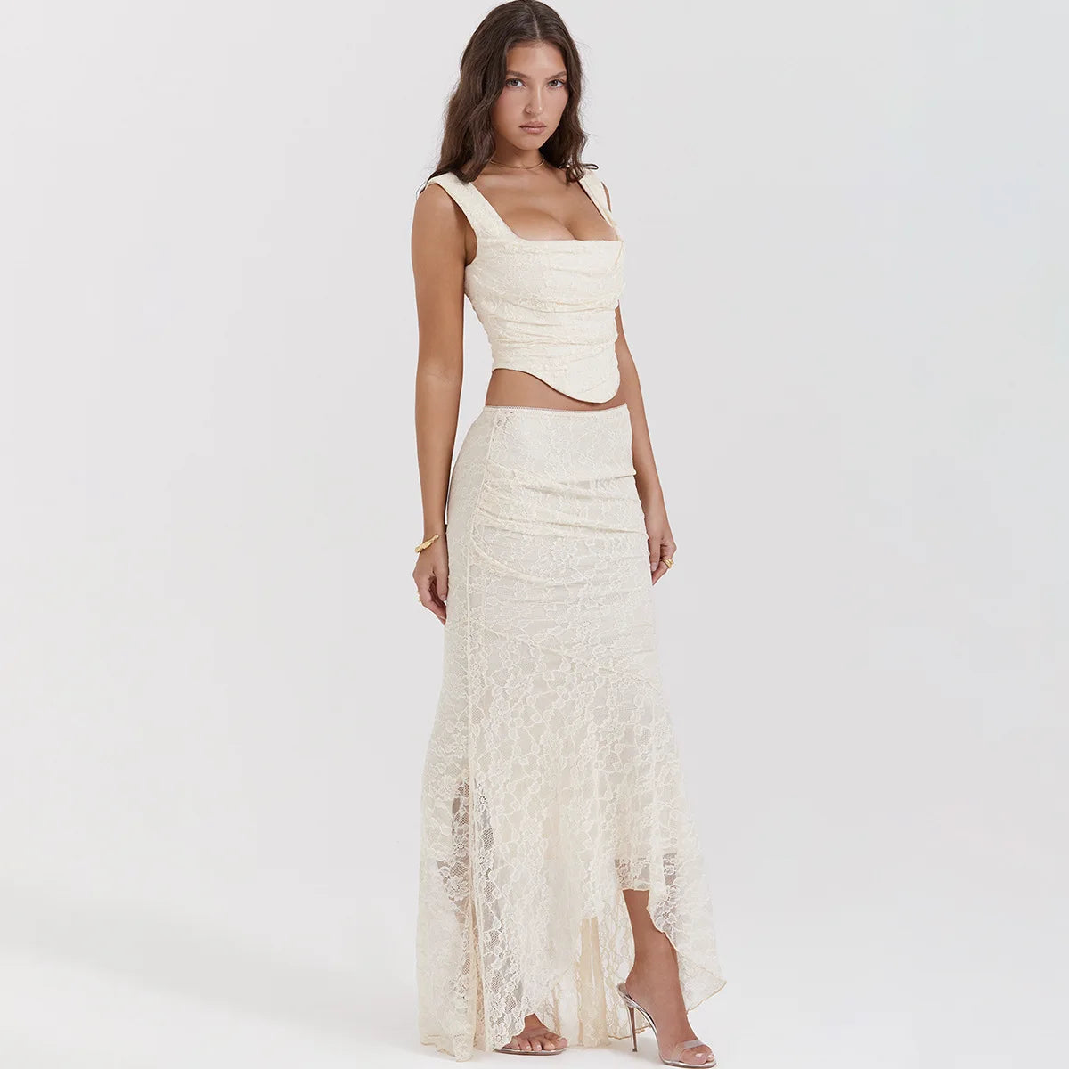 Lace Corset & Asymmetric Midi Skirt Two Piece Set