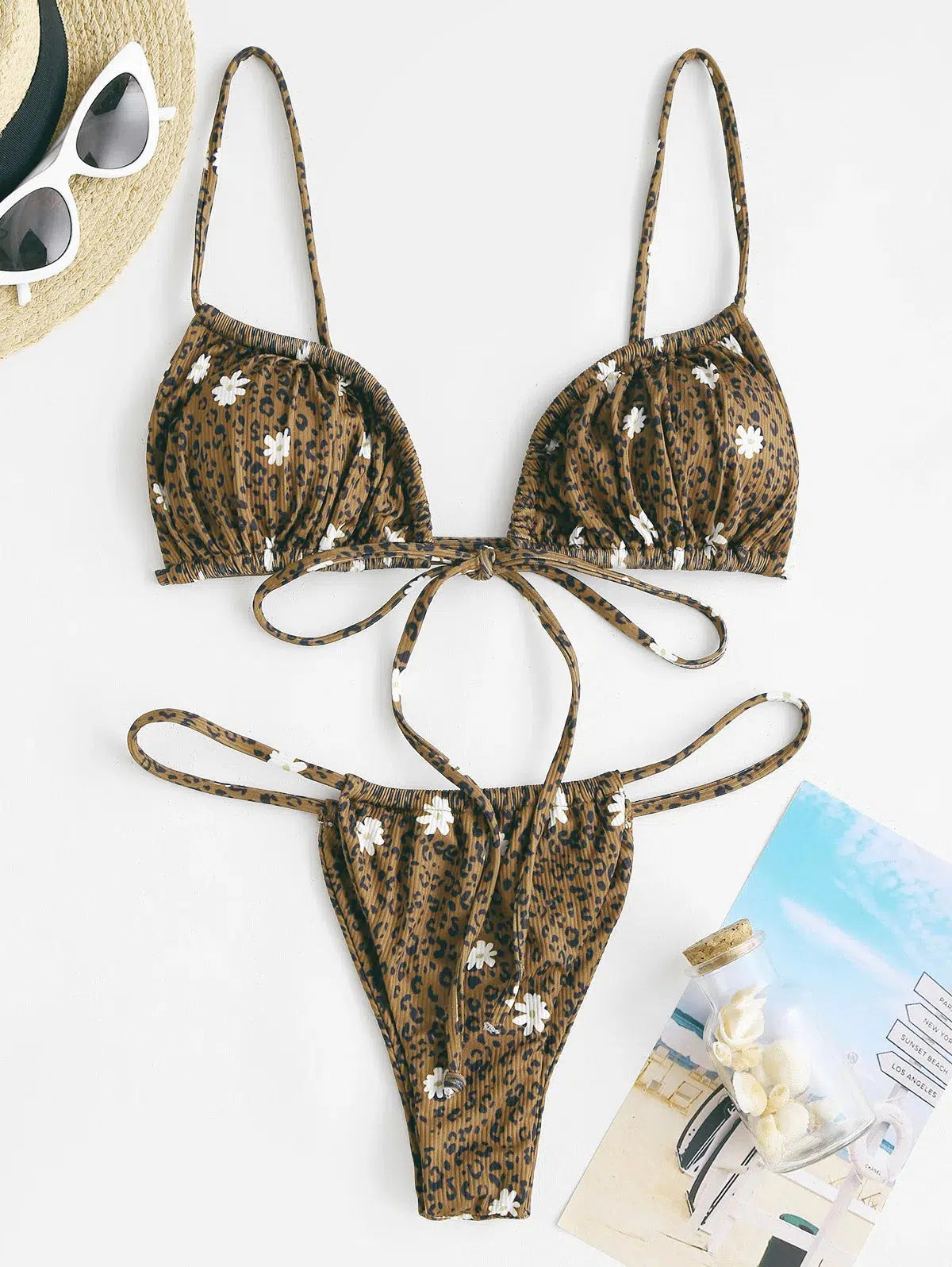 Leopard Daisy Drawstring Bikini Set