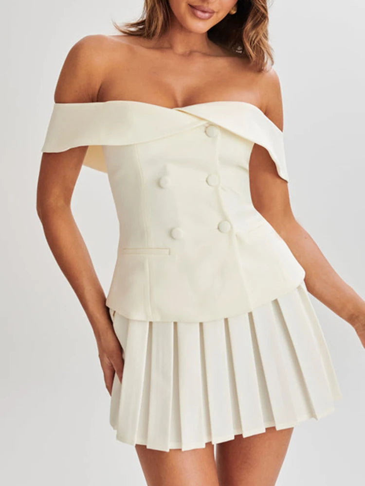 Off Shoulder Top & Pleated Mini Skirt Two Piece Set