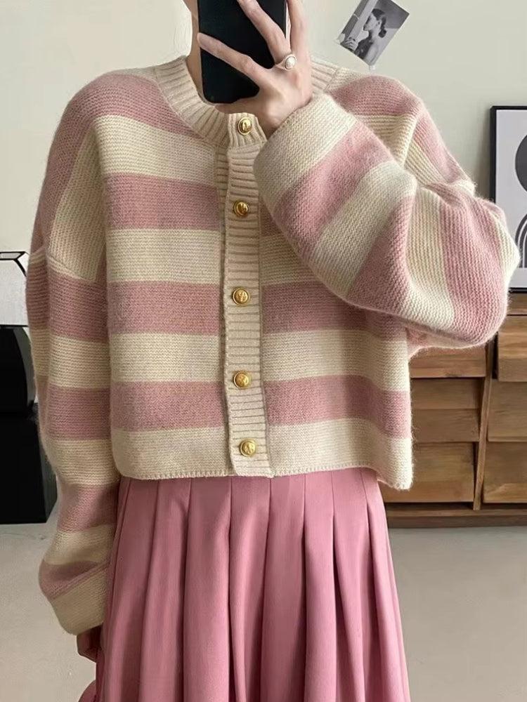 Pink Striped Knit Cardigan