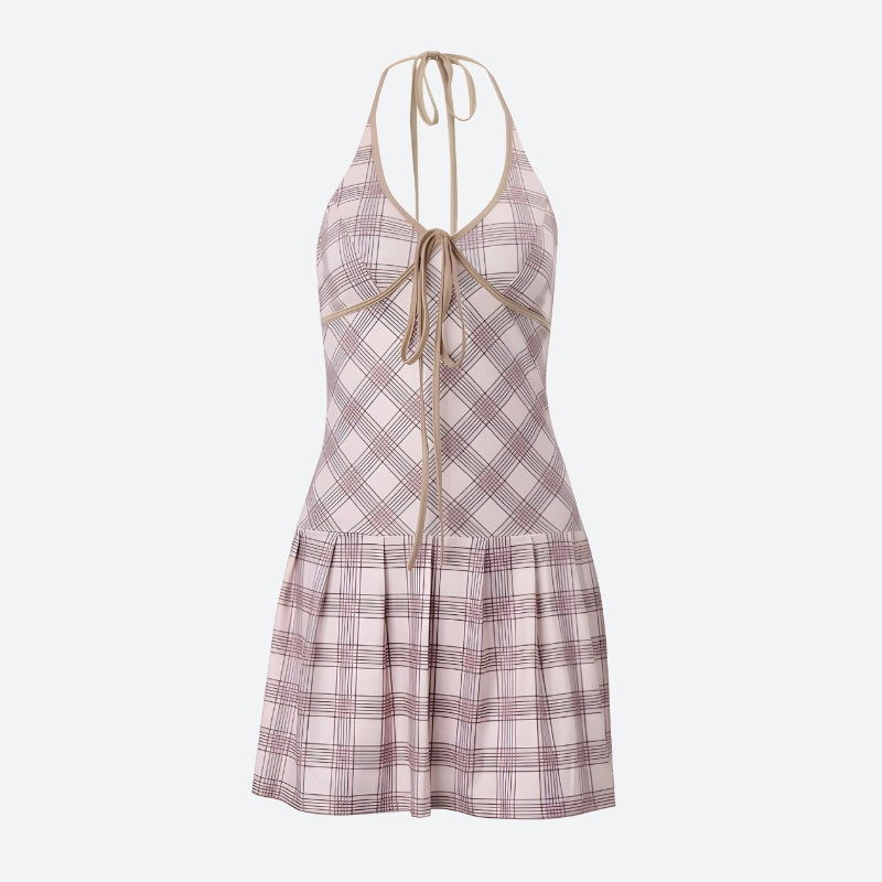 Plaid Halter Neck Pleated Mini Dress