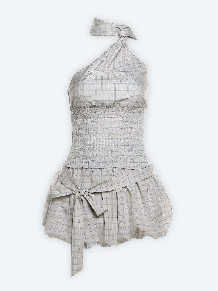 Plaid Ruched Top & Balloon Mini Skirt Two Piece Set
