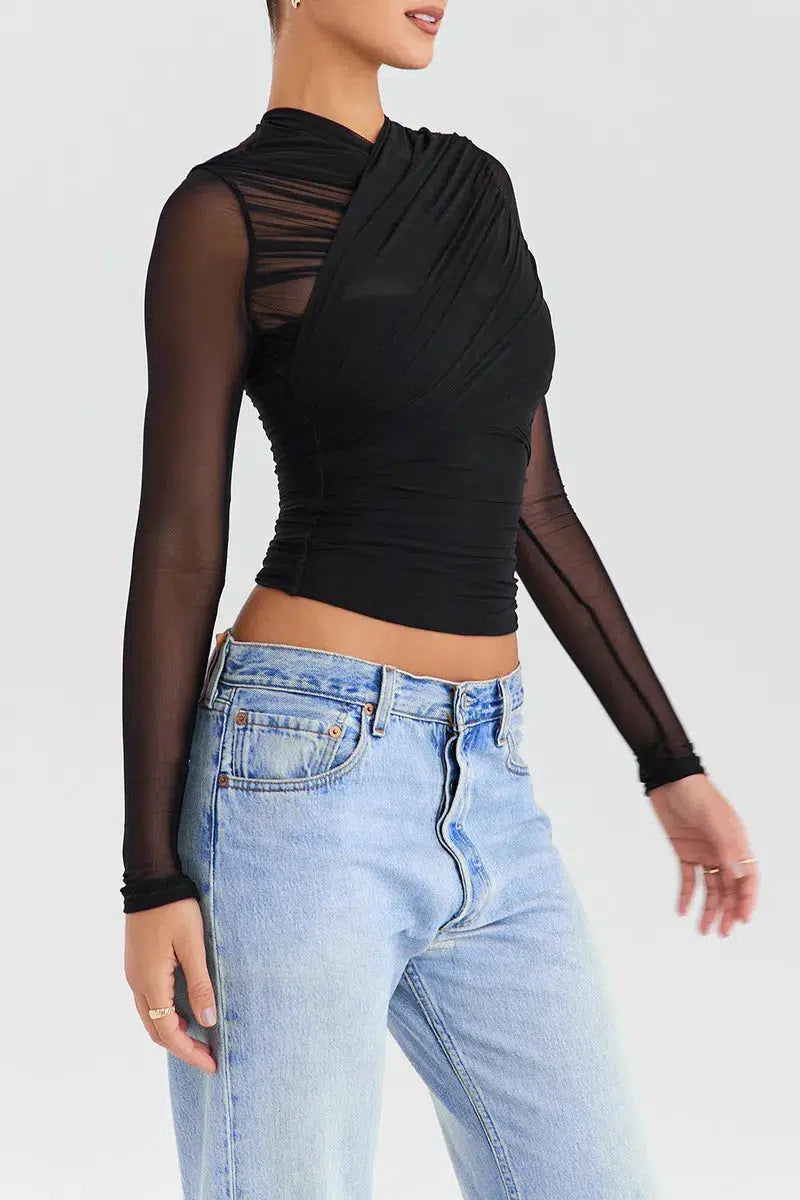 Womens - Ruched Mesh Crop Corset Top in Black