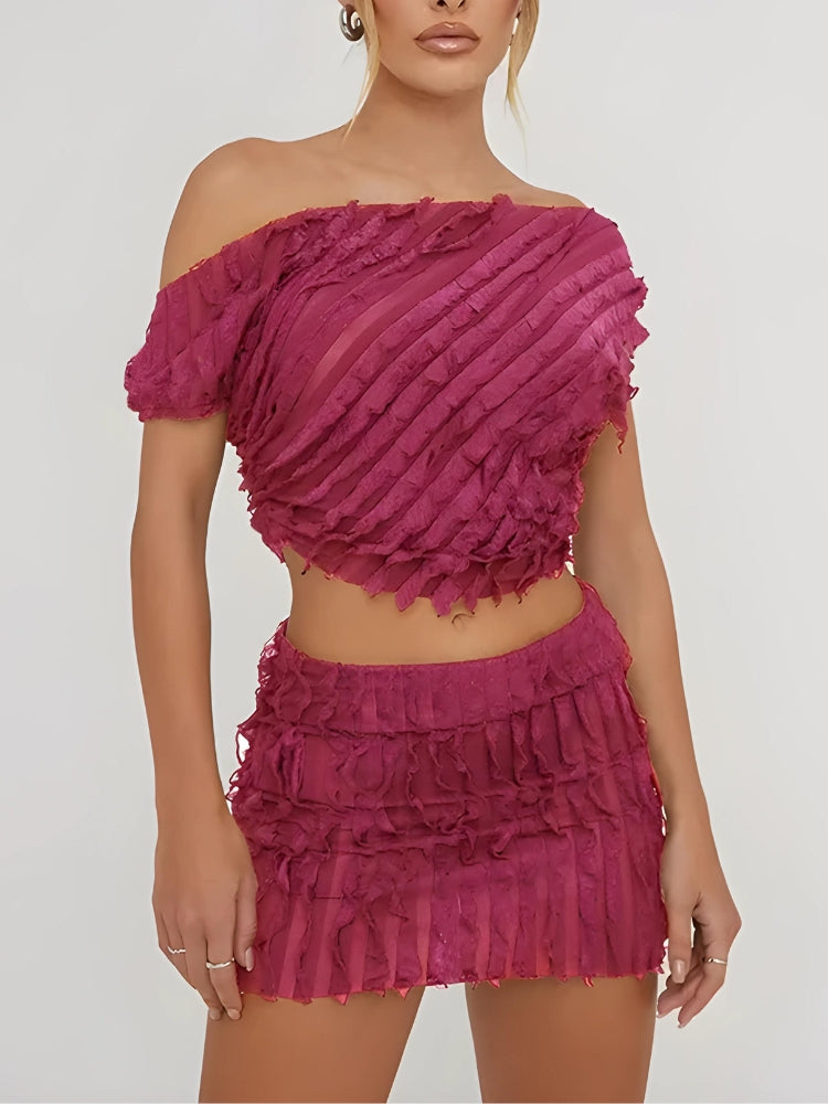 Ruffled One Shoulder Top & Mini Skirt Two Piece Set