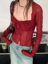 Sheer Ruched Lace Up Blouse