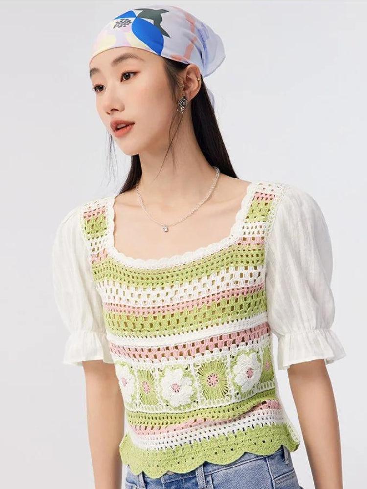 Soft Girl Floral Hollow Out Knitted Top