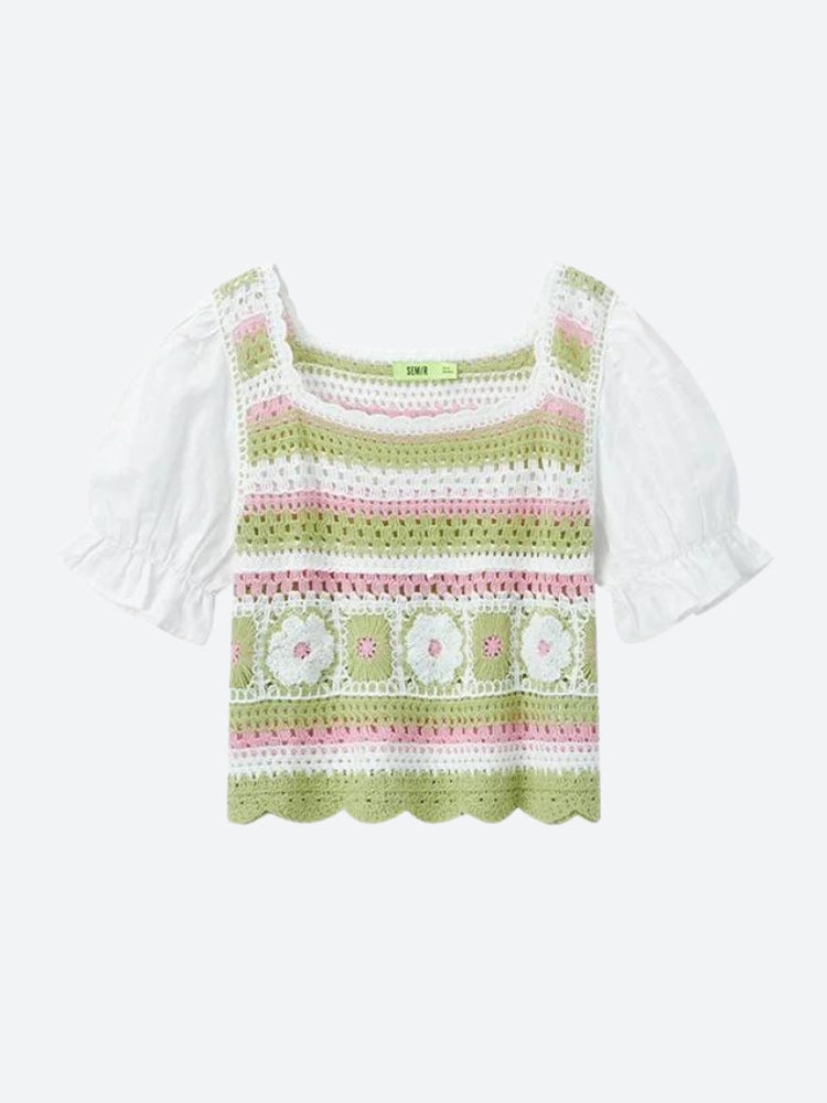 Soft Girl Floral Hollow Out Knitted Top