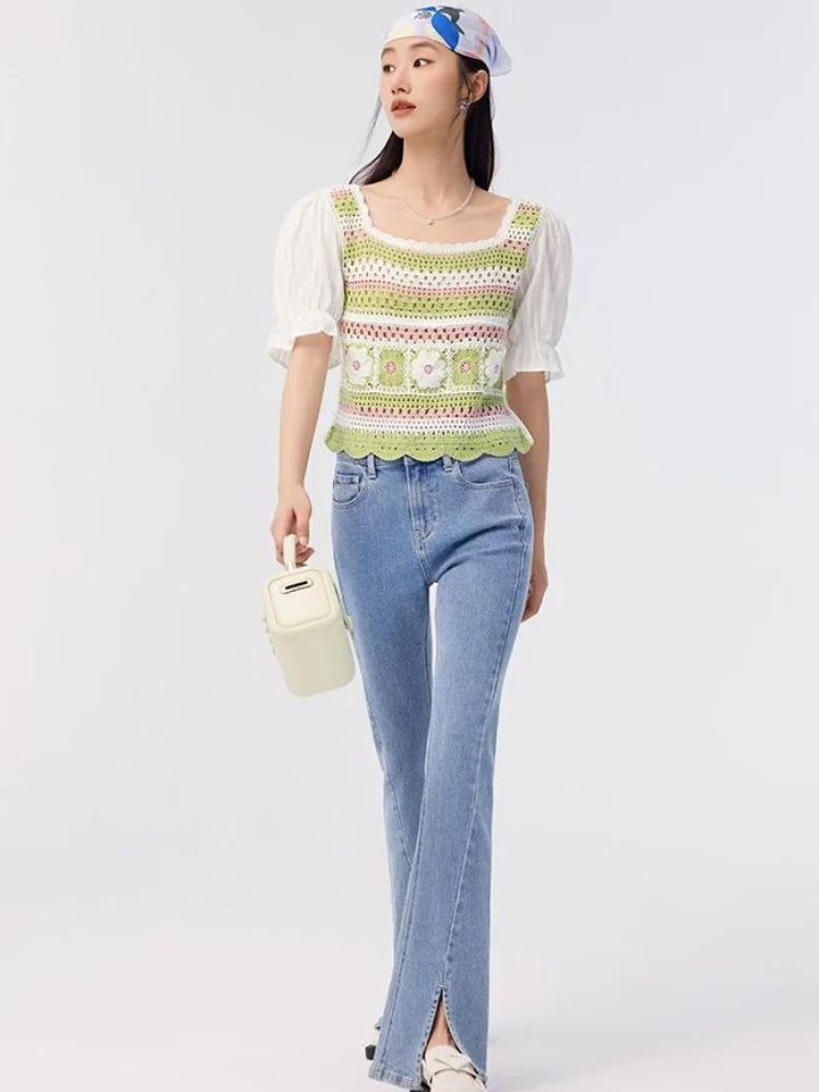 Soft Girl Floral Hollow Out Knitted Top