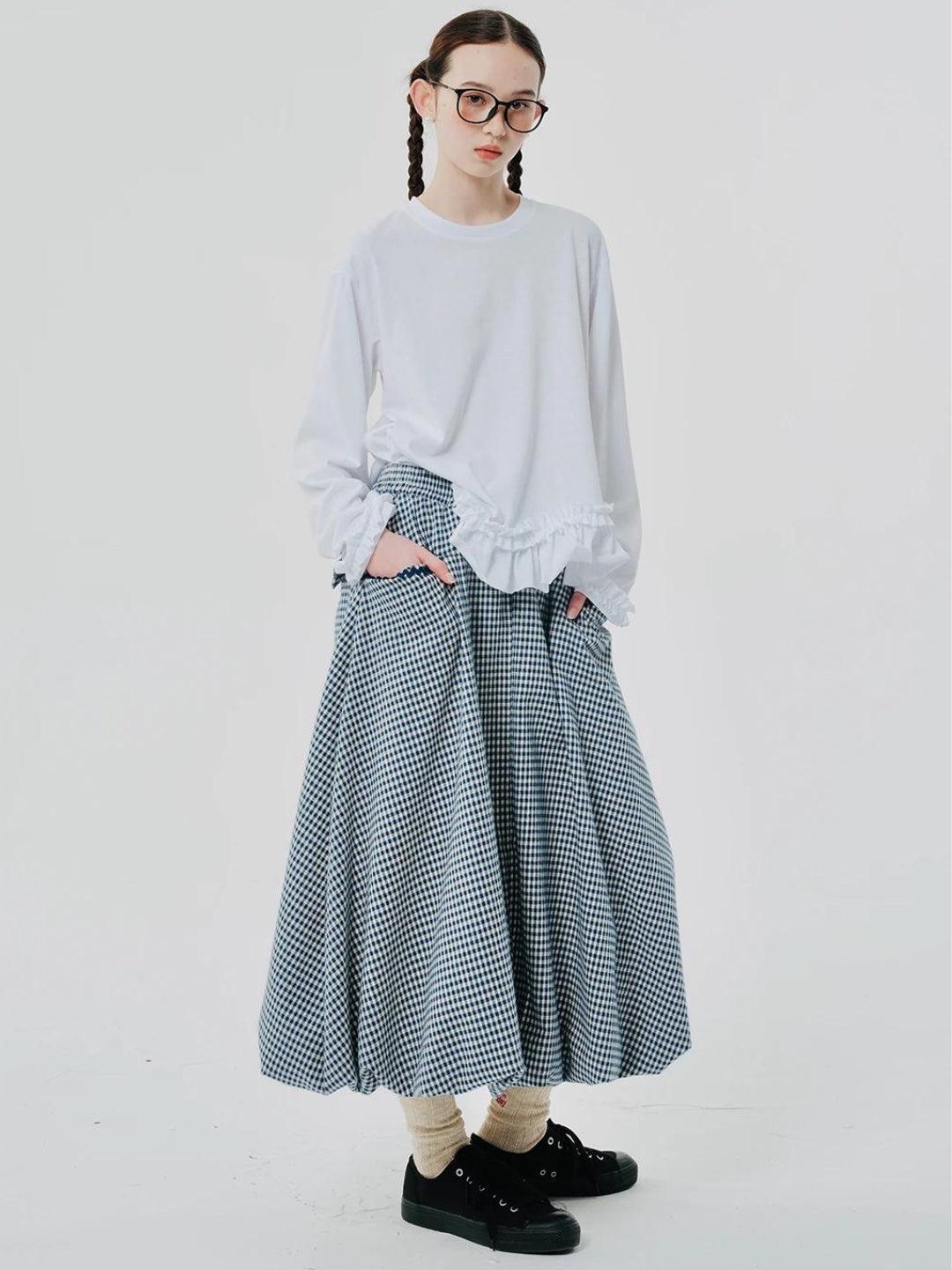 Soft Girl Plaid Bubble Midi Skirt