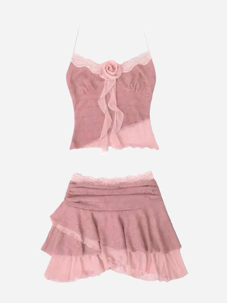 Soft Girl Rose Top & Mini Skirt Two Piece Set