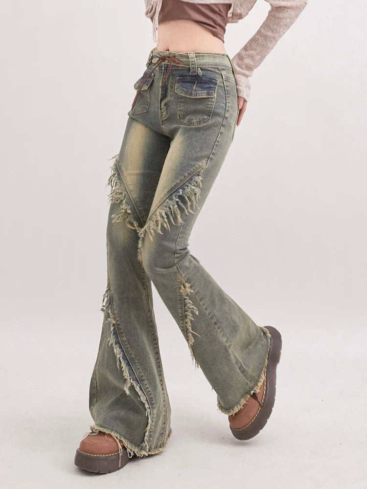 Soft Grunge Tasseled Flare Jeans
