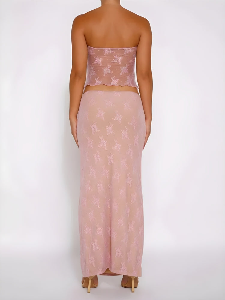 Strapless Sheer Top & Maxi Skirt Two Piece Set