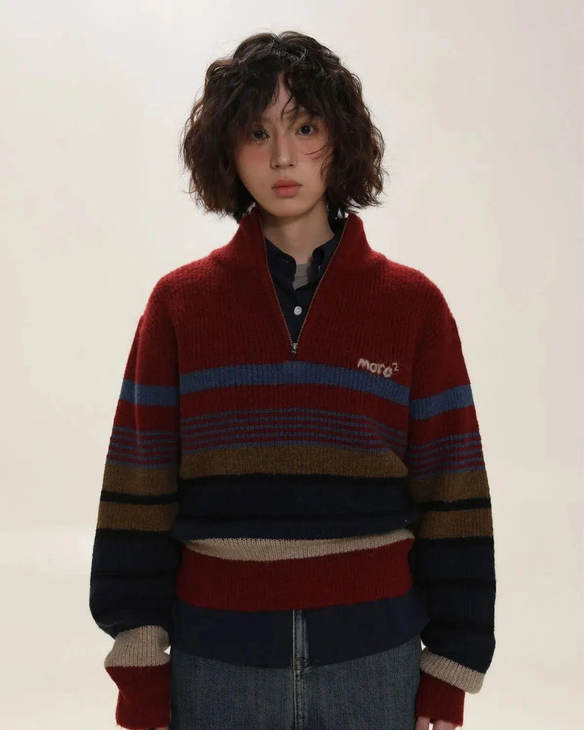 Vintage Aesthetic Knitted Zip Sweater - Red / S