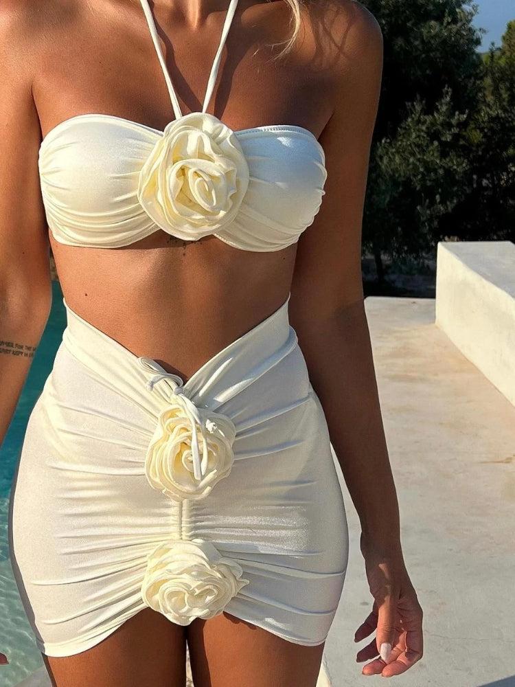 White Rose Three Piece Bikini Set