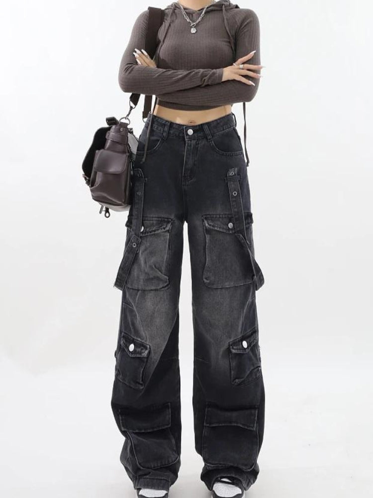 Y2K Belted Dark Wash Cargo Jeans